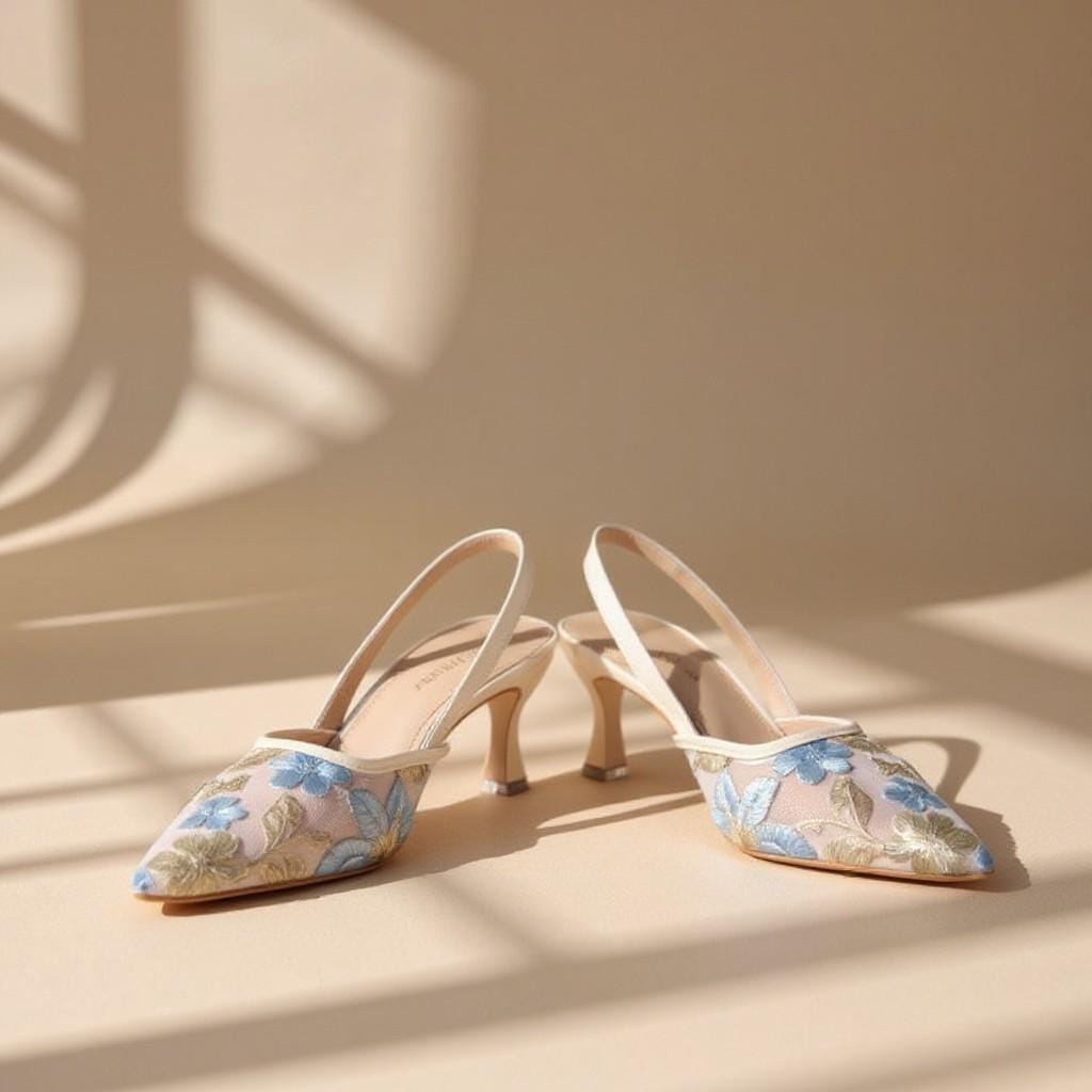 Floral Embroidered Slingback Heels, Pointed Toe Mesh Pumps, Elegant Low Heel Shoes