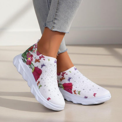 Floral Slip On Sneakers, Women's White Wedge Shoes, Flower Platform Sneakers