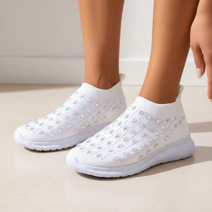 Rhinestone Sneakers for Women, Embellished Knit Slip On Shoes, White Sparkle Casual Sneakers