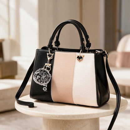 Color Block Handbag, Black Beige Satchel Bag, Structured Shoulder Purse, Top Handle Crossbody Bag, Women's Everyday Tote
