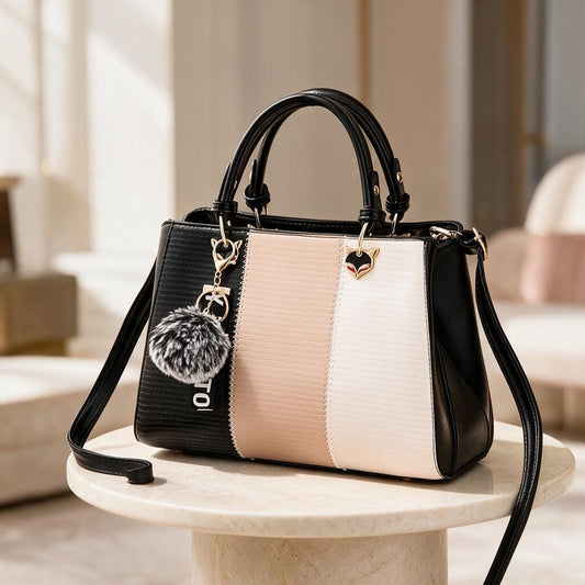 Color Block Handbag, Black Beige Satchel Bag, Structured Shoulder Purse, Top Handle Crossbody Bag, Women's Everyday Tote