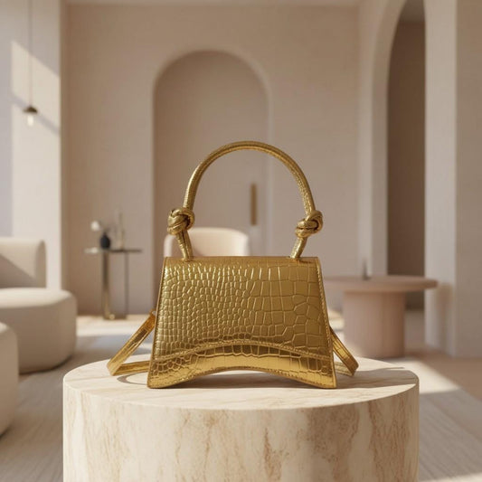 Gold Croc Embossed Top Handle Bag, Metallic Shoulder Purse, Structured Flap Handbag, Gold Crossbody Bag, Statement Purse