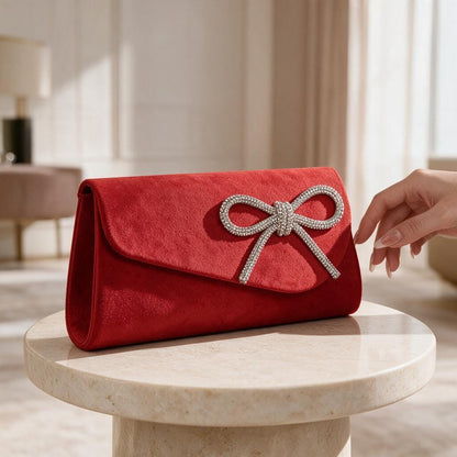 Red Bow Clutch, Rhinestone Evening Purse, Elegant Red Handbag, Wedding Guest Clutch, Formal Party Bag, Bridal Purse