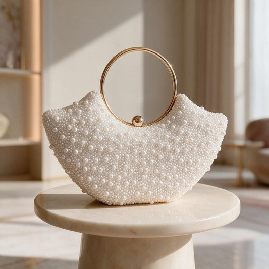 White Pearl Beaded Bag, Gold Ring Handle Evening Purse, Bridal Wedding Handbag