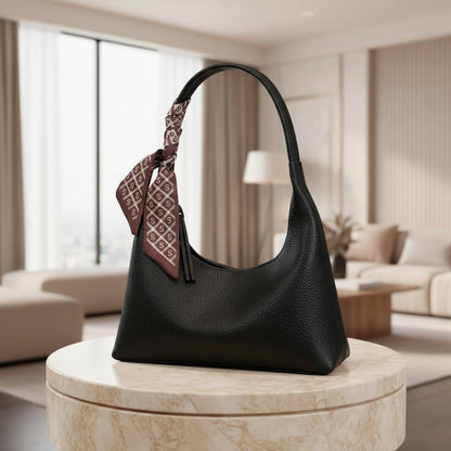 Black Shoulder Bag, Hobo Purse, Scarf Handle Handbag, Black Zip Bag, Minimalist Everyday Purse