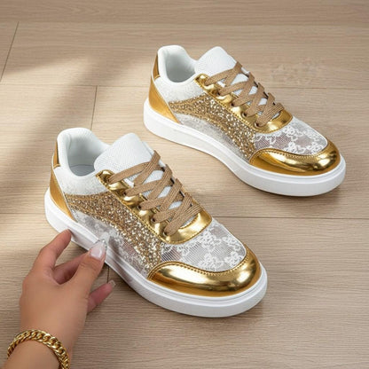 Gold Lace Platform Sneakers, Glitter Bridal Wedding Shoes