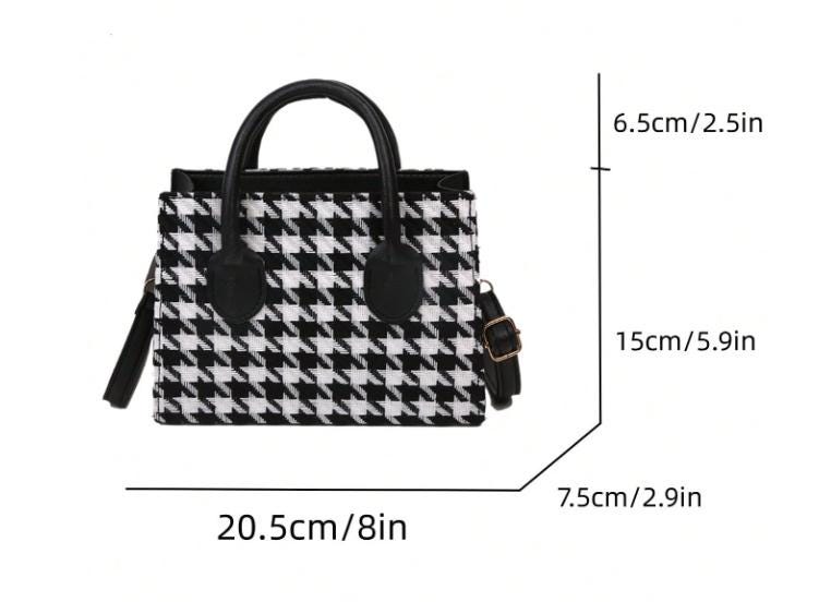 Houndstooth Handbag, Black White Top Handle Purse, Structured Shoulder Bag, Elegant Womens Handbag, Classic Checkered Purse