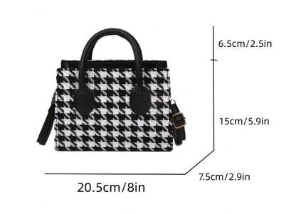 Houndstooth Handbag, Black White Top Handle Purse, Structured Shoulder Bag, Elegant Womens Handbag, Classic Checkered Purse