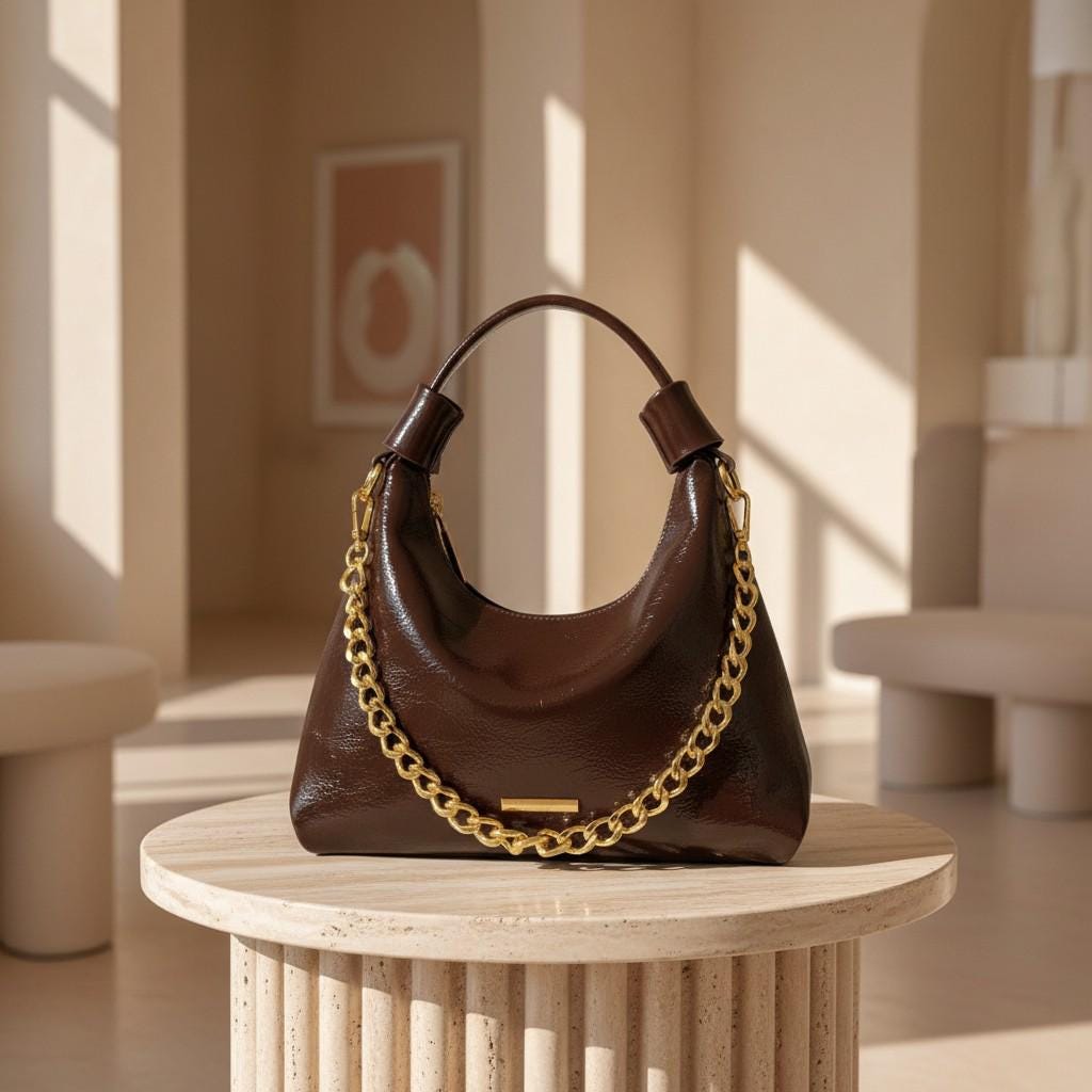 Brown Hobo Bag, Women's Shoulder Purse, Glossy Slouchy Handbag, Gold Chain Bag, Crescent Everyday Shoulder Bag