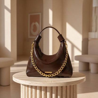 Brown Hobo Bag, Women's Shoulder Purse, Glossy Slouchy Handbag, Gold Chain Bag, Crescent Everyday Shoulder Bag