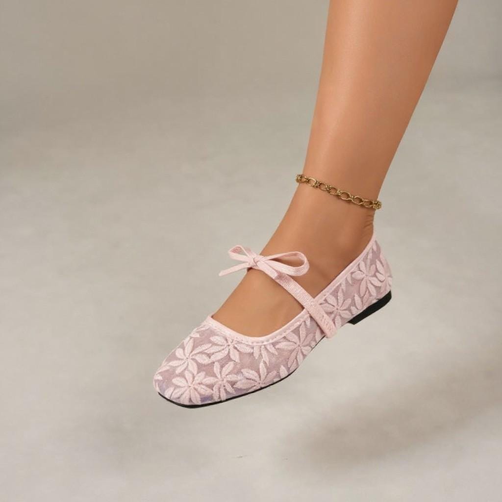 Pink Floral Mary Jane Flats, Balletcore Ribbon Bow Shoes, Embroidered Ballerina Flats
