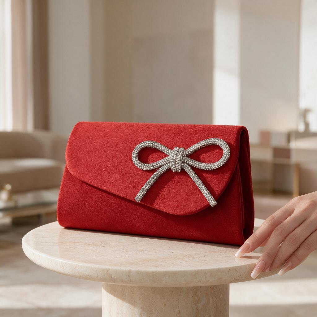 Red Bow Clutch, Rhinestone Evening Purse, Elegant Red Handbag, Wedding Guest Clutch, Formal Party Bag, Bridal Purse