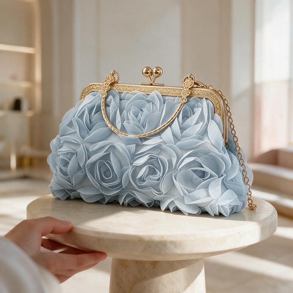 Light Blue Floral Clutch, 3D Flower Evening Bag, Powder Blue Wedding Purse, Bridal Clutch, Kiss Lock Chain Handbag