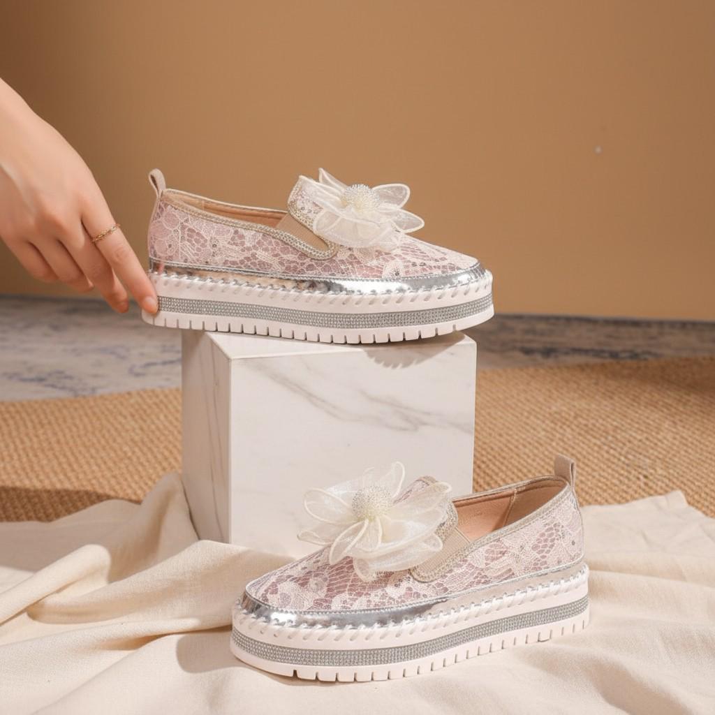 Floral Lace Bridal Shoes, Ivory Wedding Slip On Shoes, Flower Platform Sneakers