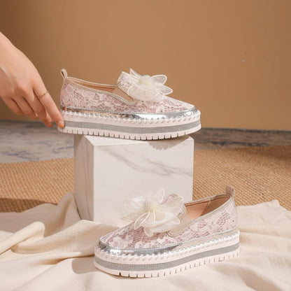 Floral Lace Bridal Shoes, Ivory Wedding Slip On Shoes, Flower Platform Sneakers