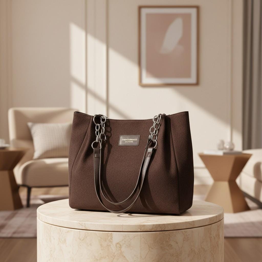 Brown Tote Bag, Large Shoulder Purse for Women, Chain Handle Handbag, Soft Textured Everyday Bag