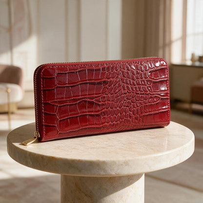 Red Croc Embossed Wallet, Zip Around Womens Wallet, Glossy Statement Purse