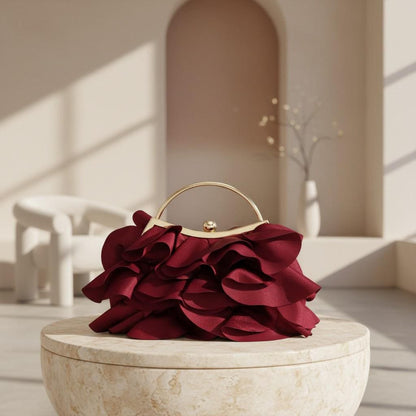 Burgundy Ruffle Clutch, Floral Evening Bag, Top Handle Handbag, Wine Red Statement Purse, Elegant Party Bag
