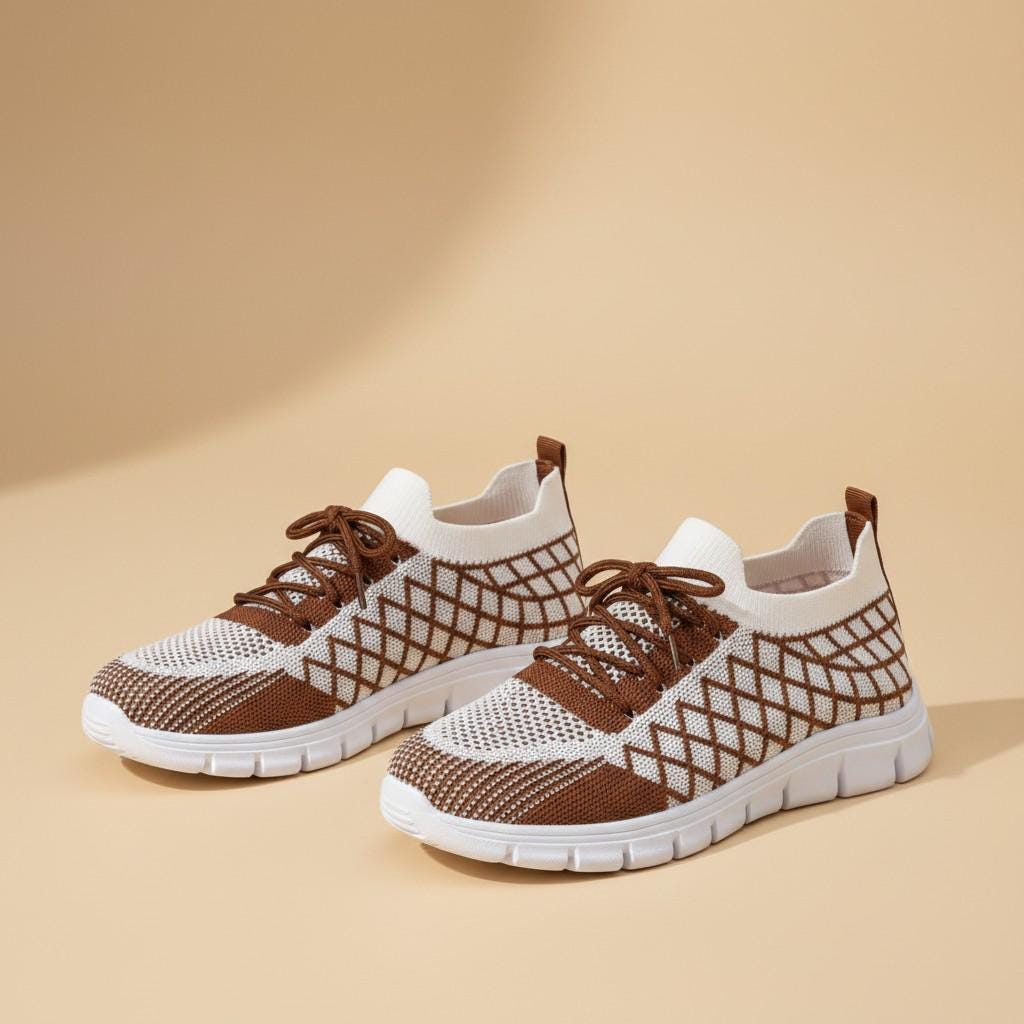 Brown Knit Sneakers for Women, Geometric Mesh Shoes, White Casual Lace Up Sneakers