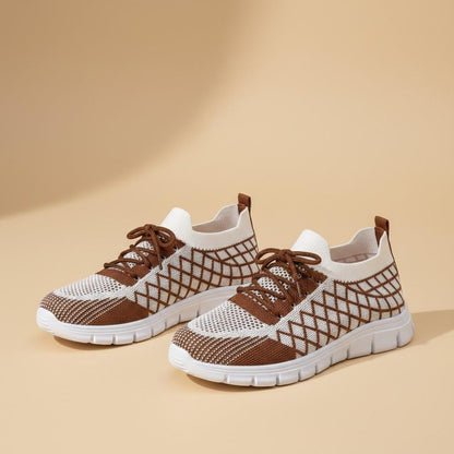 Brown Knit Sneakers for Women, Geometric Mesh Shoes, White Casual Lace Up Sneakers