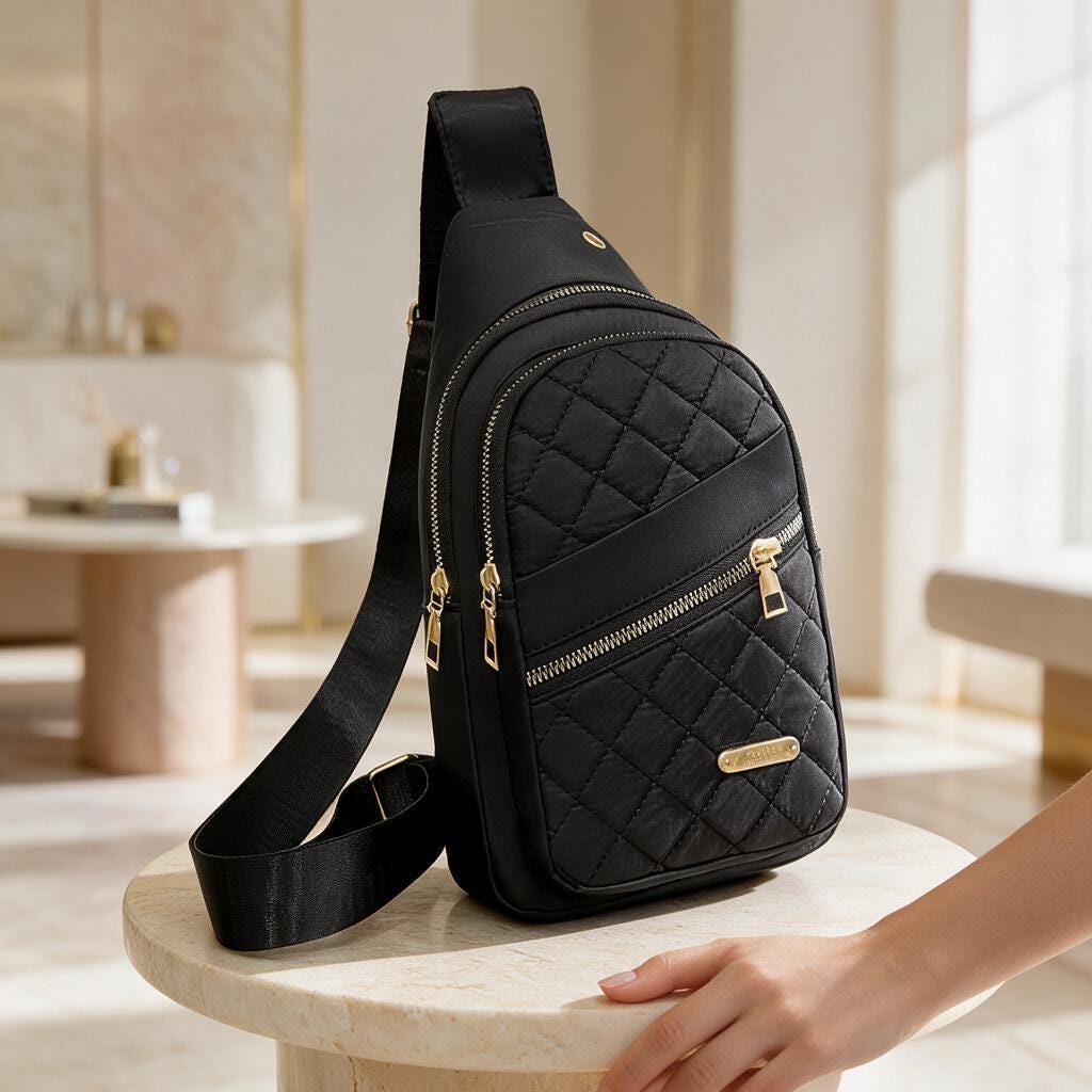 Black Quilted Sling Bag, Women's Crossbody Backpack, Padded Chest Bag, Small Travel Backpack, Multi Pocket Everyday Bag