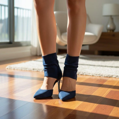 Navy Blue Slouchy Peep Toe Booties, Ruched Open Toe High Heel Ankle Boots, Women's Stiletto Shoes