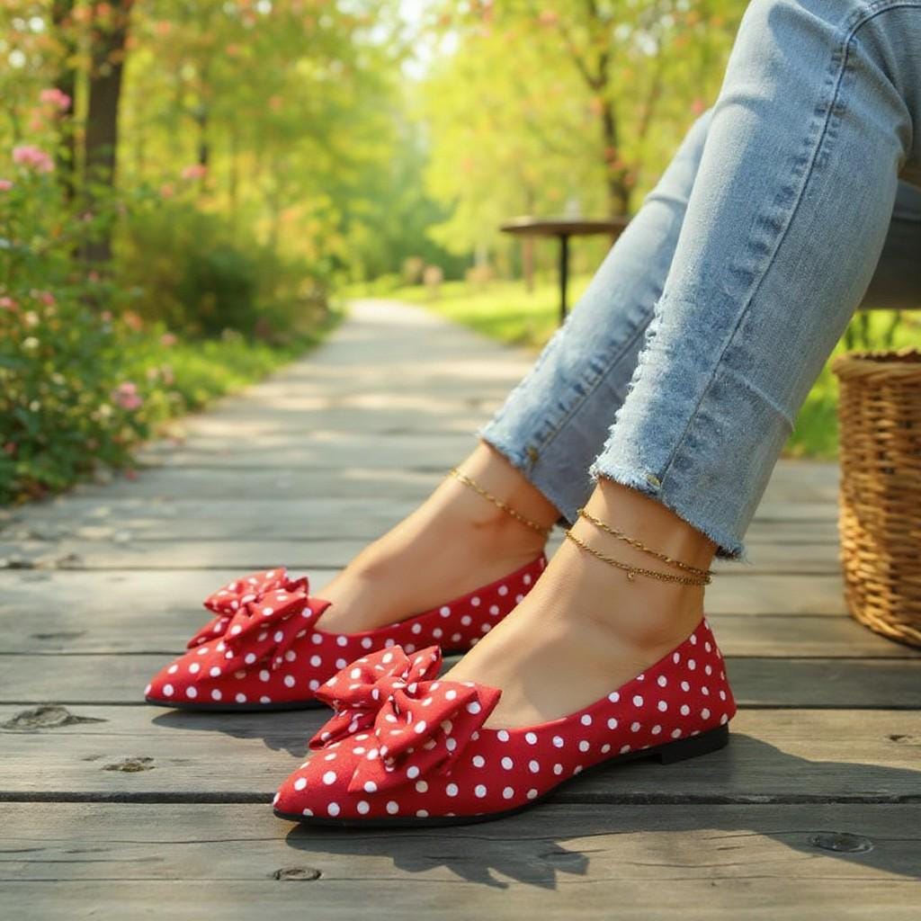 Red Polka Dot Ballet Flats, Pointed Toe Bow Shoes, Vintage Ballerina Flats