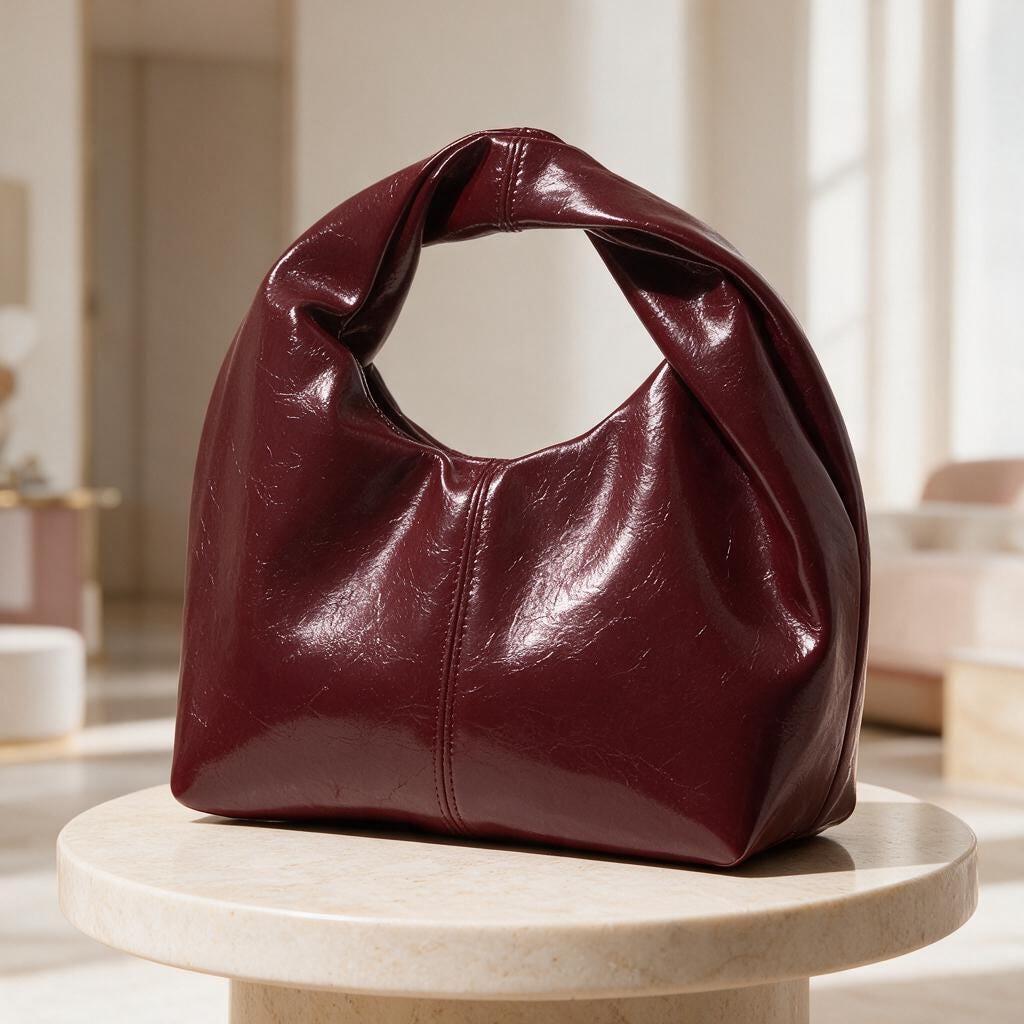 Burgundy Hobo Bag, Glossy Wine Red Shoulder Bag, Slouchy Handbag, Minimalist Purse, Ruched Handle Bag, Y2K Inspired Bag