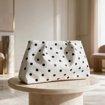 Black White Polka Dot Clutch Bag, Foldover Purse, Retro Y2K Evening Bag, White Statement Handbag, Cute Party Clutch