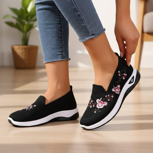 Black Floral Slip On Sneakers, Women's Embroidered Walking Shoes