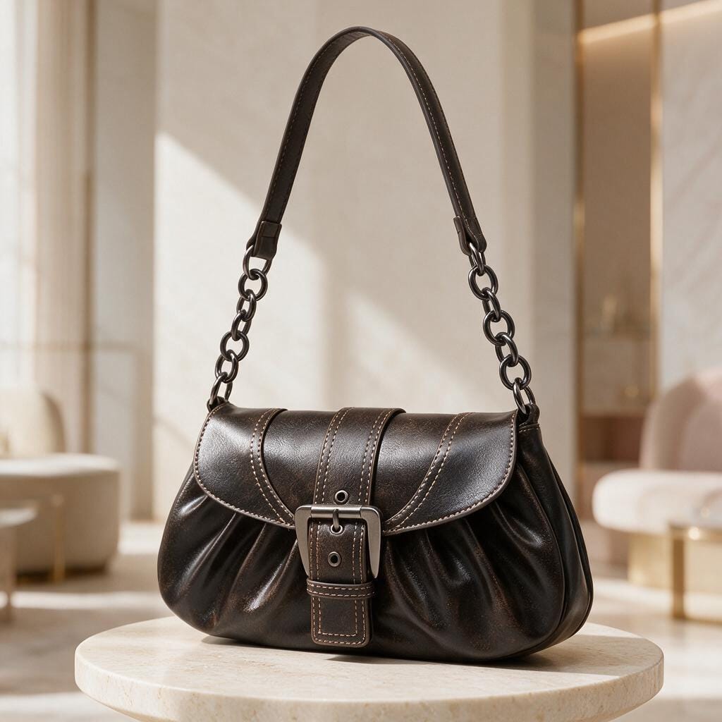 Black Buckle Shoulder Bag, Y2K Chain Purse, Ruched Handbag, Retro Baguette Bag