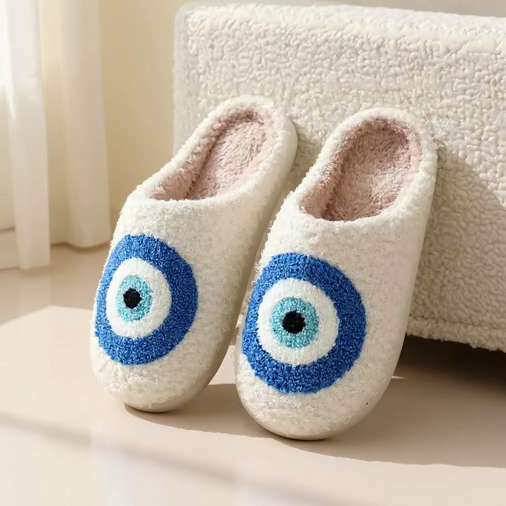Evil Eye Slippers, Nazar Blue Eye Fuzzy House Shoes, Plush Cozy Slippers