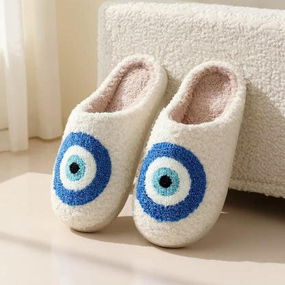 Evil Eye Slippers, Nazar Blue Eye Fuzzy House Shoes, Plush Cozy Slippers