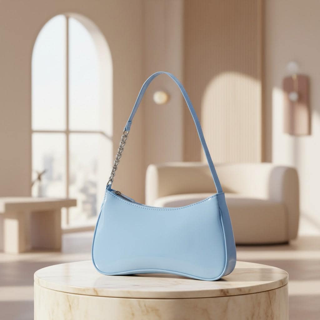Light Blue Baguette Shoulder Bag, Glossy Baby Blue Purse, Y2K Handbag, Cute Underarm Bag, Women's Mini Shoulder Bag