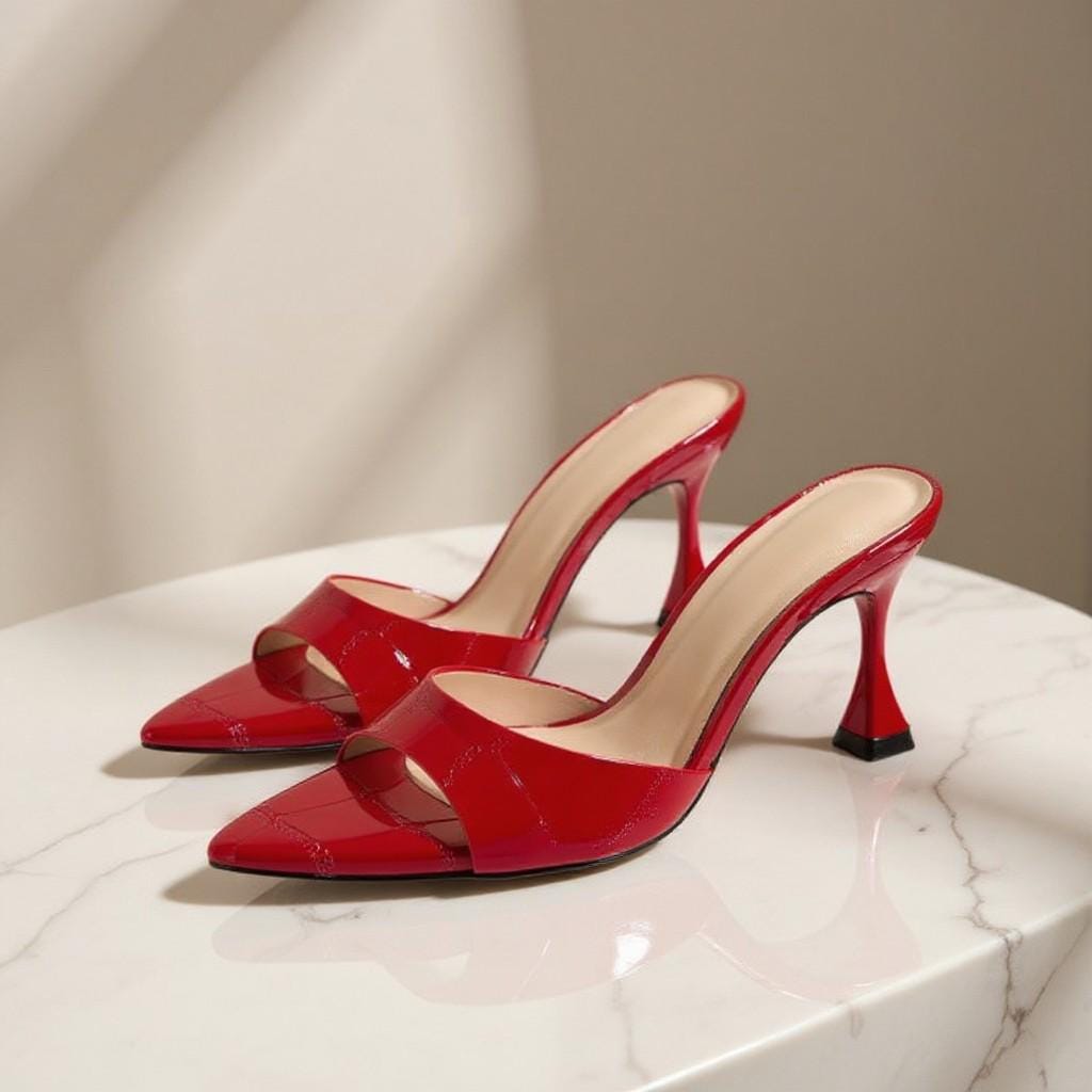 Red Patent Leather Mule Heels, Peep Toe Slip On Shoes, High Heel Dress Mules, Elegant Red Pumps