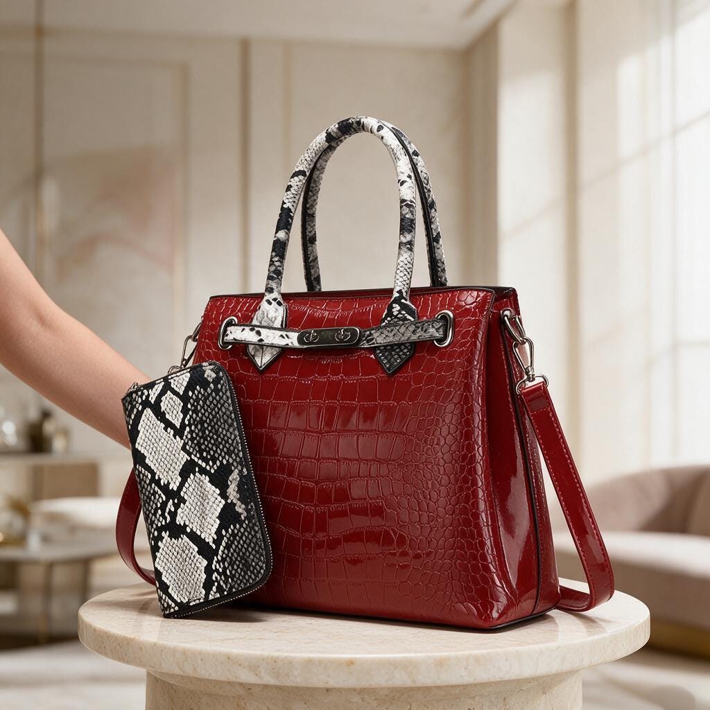 Red Crocodile Embossed Tote Bag, Snake Print Pouch, Structured Handbag, Top Handle Shoulder Bag, Women's Crossbody Purse