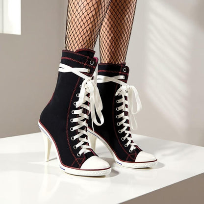 Black High Heel Sneaker Boots, Lace Up High Top Shoes, Stiletto Canvas Ankle Boots, Women's Statement Footwear