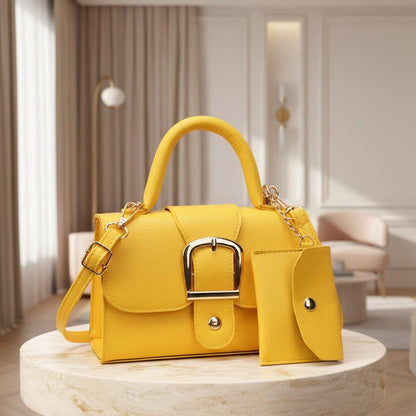 Yellow Handbag for Women, Structured Shoulder Bag, Top Handle Crossbody Purse, Buckle Detail Everyday Bag