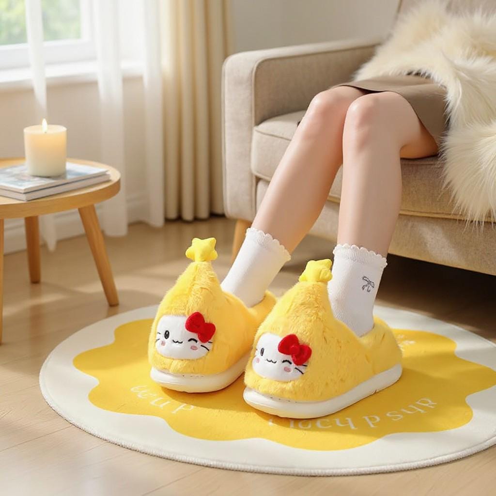 Yellow Cat Slippers, Fuzzy Plush House Shoes, Cute Bow Indoor Slippers