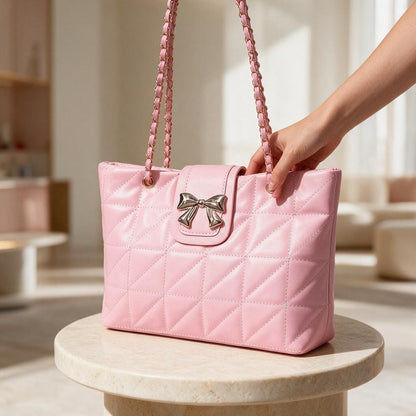 Pink Quilted Shoulder Bag, Bow Handbag, Chain Strap Purse, Cute Womens Pink Bag