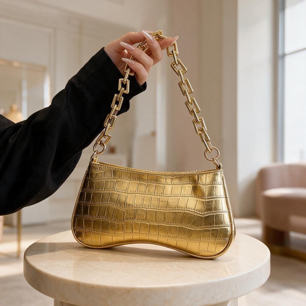 Gold Crocodile Embossed Shoulder Bag, Y2K Baguette Purse, Metallic Chain Bag, Mini Underarm Handbag, Glam Evening Purse