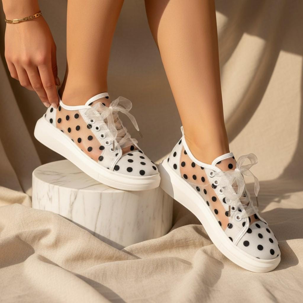 Polka Dot Sneakers for Women, White Bow Shoes, Cute Platform Sneakers, Ribbon Lace Up Shoes, Playful Fashion Trainers