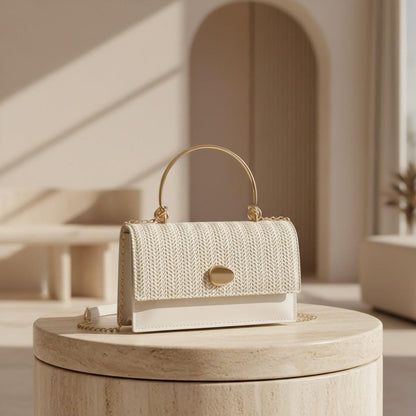 White Woven Shoulder Bag, Ivory Textured Handbag, Top Handle Purse, Chain Strap Flap Bag, Elegant Everyday Bag