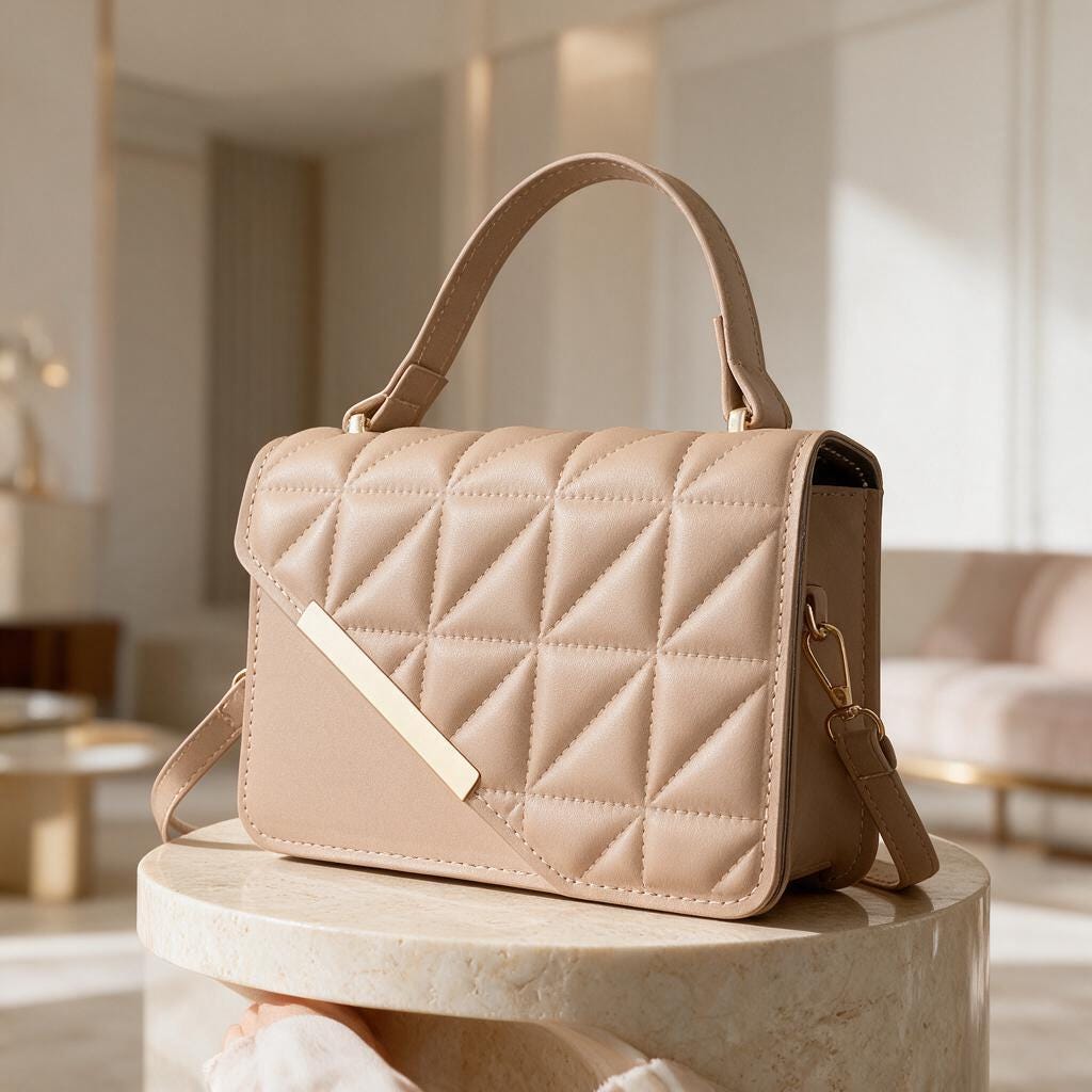Nude Quilted Handbag, Beige Flap Shoulder Purse, Geometric Top Handle Bag, Elegant Crossbody Purse, Minimalist Womens Bag