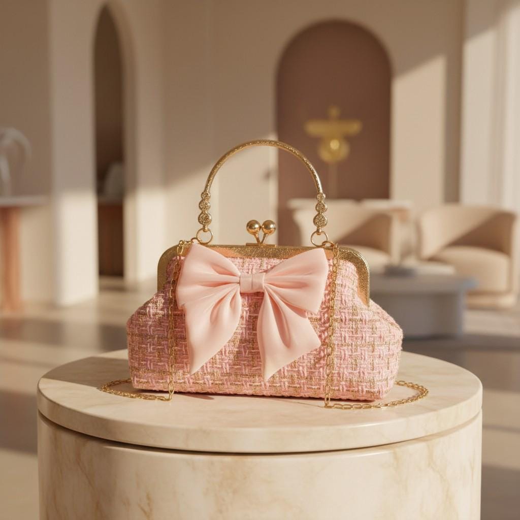 Pink Tweed Bow Handbag, Romantic Frame Purse for Women, Kiss Lock Evening Bag with Chain Strap