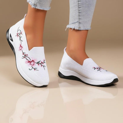 Floral Embroidered Slip On Sneakers, Women's White Knit Shoes, Casual Summer Sneakers