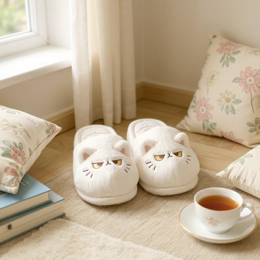 Grumpy Cat Slippers, White Plush Cat Slides, Cute Fuzzy House Shoes
