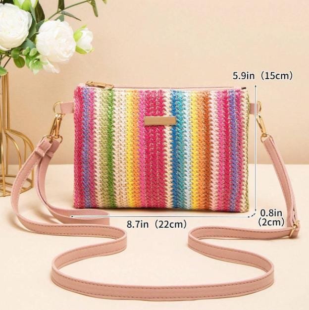Multicolor Woven Crossbody Bag, Striped Shoulder Purse, Colorful Women's Bag