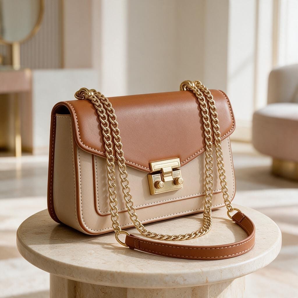 Two Tone Brown Beige Shoulder Bag, Structured Flap Purse, Gold Chain Crossbody Handbag, Neutral Colorblock Bag, Elegant Everyday Purse