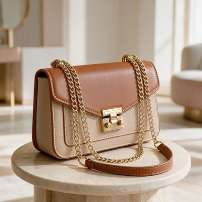 Two Tone Brown Beige Shoulder Bag, Structured Flap Purse, Gold Chain Crossbody Handbag, Neutral Colorblock Bag, Elegant Everyday Purse